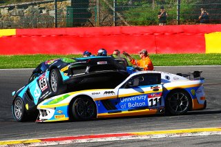 Nick Jones / Scott Malvern - Team Parker Racing - Porsche Cayman GT4 Clubsport MR and Anna Walewska / Mike Simpson - Century Motorsport - Ginetta G55 GT4 collide | Jakob Ebrey Photography