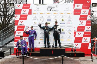 GT4 Pro-Am Podium (l-r) Aaron Morgan / Bobby Trundley - Team BRIT McLaren 570S GT4,  Matt Topham / Darren Turner - Newbridge Motorsport Aston Martin Vantage AMR GT4 
 | JEP