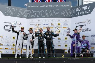 GT4 Pro-Am Podium (l-r) Matt Cowley / Marco Signoretti - Academy Motorsport Ford Mustang GT4, Matt Topham / Darren Turner - Newbridge Motorsport Aston Martin Vantage AMR GT4, Aaron Morgan / Bobby Trundley - Team BRIT McLaren 570S GT4
 | British GT/JEP