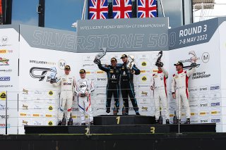 GT4 overall Podium (l-r) Jack Brown / Will Burns - Century Motorsport BMW M4 GT4, Matt Topham / Darren Turner - Newbridge Motorsport Aston Martin Vantage AMR GT4, Richard Williams / Sennan Fielding - Steller Motorsport Audi R8 LMS GT4 | British GT/JEP