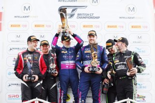 Michael Igoe / Phil Keen - WPI Motorsport Lamborghini Huracan GT3 Evo, Ian Loggie / Callum MacLeod - RAM Racing Mercedes-AMG GT3, Richard Neary / Sam Neary - Team Abba Racing Mercedes-AMG GT3, GT3 Overall Podium
 | British GT/JEP