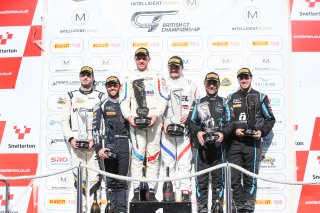 GT4 Overall Podium, Matt Cowley / Marco Signoretti - Academy Motorsport Ford Mustang GT4, Jack Brown / Will Burns - Century Motorsport BMW M4 GT4, Flick Haigh / Jonny Adam - 2 Seas Motorsport Mercedes-AMG GT3
 | British GT/JEP