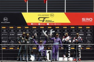 GT4 Pro-Am Podium (l-r) Matt Topham / Darren Turner - Newbridge Motorsport Aston Martin Vantage AMR GT4,  Aaron Morgan / Bobby Trundley - Team BRIT McLaren 570S GT4,  Lucky Khera / Benji Hetherington - Valluga Racing Porsche 718 Cayman GT4 RS CS 
 | British GT/JEP