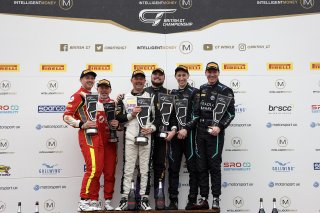 Race 1 GT4 Pro-Am Podium (l-r) Carl Cavers / Lewis Plato - Century Motorsport BMW M4 GT4,  Michael Crees / Thomas Holland - Raceway Motorsport Ginetta G56 GT4,  Michael Johnston / Chris Salkeld - Century Motorsport BMW M4 GT4 
 | British GT/JEP