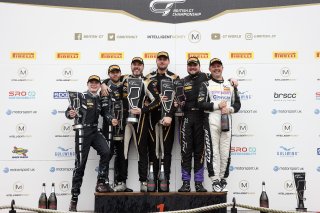 Race 1 GT4 Overall podium (l-r) Erik Evans / Matt Cowley - Academy Motorsport Ford Mustang James Cottingham / Jonny Adam - 2Seas Motorsport Mercedes-AMG GT3,  Will Moore / Matt Nicoll-Jones - Academy Motorsport Ford Mustang GT4,  Michael Crees / Thomas Ho | British GT/JEP