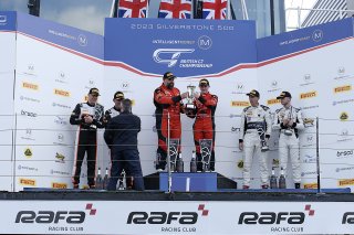 GT3 Overall Podium (l-r) Mark Radcliffe / Rob Bell - Optimum Motorsport McLaren 720S GT3, Darren Leung / Dan Harper - Century Motorsport BMW M4 GT3, Shaun Balfe / Sandy Mitchell - Barwell Motorsport Lamborghini Huracan GT3  | British GT/JEP