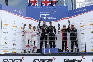 GT3 Silver-Am Podium (l-r) Kevin Tse / Chris Froggatt - Sky Tempesta Racing McLaren 720S GT3, Mark Sansom / Will Tregurtha - Barwell Motorsport Lamborghini Huracan GT3 Evo, Chris Hart / James Wallis - Drivetac Mercedes-AMG GT3  | British GT/JEP