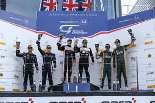 GT4 Overall Podium (l-r) Erik Evans / Matt Cowley - Academy Motorsport Ford Mustang GT4, Jack Brown / Charles Clark - Optimum Motorsport McLaren Artura GT4, Ed McDermott / Michael Broadhurst - One Motorsport Mercedes-AMG GT4  | British GT/JEP