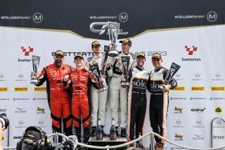 Race 1 GT3 Overall Podium (l-r) Darren Leung / Dan Harper - Century Motorsport BMW M4 GT3,  Shaun Balfe / Sandy Mitchell - Barwell Motorsport Lamborghini Huracan GT3,  Mark Radcliffe / Rob Bell - Optimum Motorsport McLaren 720S GT3  | British GT/JEP