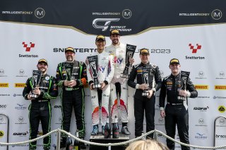 Race 1 GT3 Silver-Am Podium (l-r) Richard Neary / Sam Neary - Team Abba Racing Mercedes-AMG GT3,  Kevin Tse / Chris Froggatt - Sky Tempesta Racing McLaren 720S GT3,  Mark Sansom / Will Tregurtha - Barwell Motorsport Lamborghini Huracan GT3 Evo  | British GT/JEP