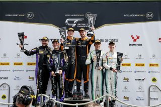 Race 1 GT4 Overall Podium (l-r) Michael Crees / Thomas Holland - Raceway Motorsport Ginetta G56 GT4,  Freddie Tomlinson / Stuart Middleton - Raceway Motorsport Ginetta G56 GT4,  Josh Miller / Seb Hopkins - R Racing Aston Martin Vantage AMR GT4  | British GT/JEP
