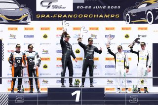 GT3 Overall Podium (l-r) #77 - Morgan Tillbrook / Marvin Kirchhofer - Optimum Motorsport McLaren 720S GT3 Evo, #7 - Giacomo Petrobelli / Jonathan Adam - Blackthorn Aston Martin Vantage AMR GT3 Evo, #1 - Rob Collard / Hugo Cook - Barwell Motorsport Lamborg | SRO / JEP