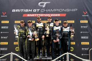 Race 1 GT4 Overall Podium (l-r) #84 - Jack Mitchell / Josh Miller - Mahiki Racing Ginetta G56 GT4 Evo - #90 - Marc Warren / Jack Brown - Optimum Motorsport McLaren Artura GT4 - #17 - Harry George / Luca Hopkinson - Optimum Motorsport McLaren Artura GT4
 | SRO / JEP