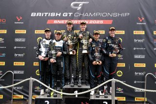 Race 1 GT4 Silver Podium (l-r) #17 - Harry George / Luca Hopkinson - Optimum Motorsport McLaren Artura GT4 - #84 - Jack Mitchell / Josh Miller - Mahiki Racing Ginetta G56 GT4 Evo - #14 - Branden Templeton / Chris Salkeld - Century Motorsport BMW M4 GT4
 | SRO / JEP