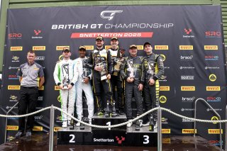 Race 1 GT4 Pro-Am Podium (l-r) #71 - Ravi Ramyead / Charlie Robertson - Century Motorsport BMW GT4 - #90 - Marc Warren / Jack Brown - Optimum Motorsport McLaren Artura GT4 - #88 - Ian Duggan / Joe Wheeler - Mahiki Racing Ginetta G56 GT4 Evo
 | SRO / JEP