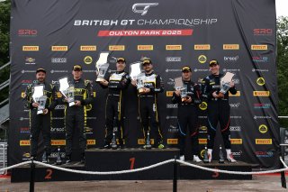 Race 1 GT4 Overall Podium (l-r) #69 - Steven Lake / Jack Mitchell - Mahiki Racing Lotus Emira GT4 - #90 - Marc Warren / Jack Brown - Optimum Motorsport McLaren Artura GT4 - #14 - Branden Templeton / Chris Salkeld - Century Motorsport BMW M4 GT4
 | SRO / JEP