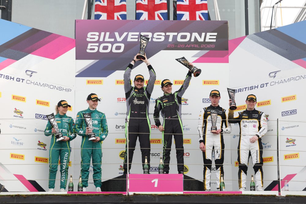 GT4 Silver Podium (l-r) #21 - Will Orton / Jessica Hawkins - MK Racing - Aston Martin Vantage AMR GT4 Evo, #74 - Thomas Holland / Hadley Simpson - Innovation Racing - Ginetta G56 GT4 Evo, #59 - Luca Hopkinson / Josh Stanton - Optimum Motorsport - McLaren  | SRO / JEP